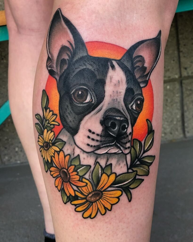 Colorful Boston Terrier Face with Flowers on the Side Calf: Boston Beauty