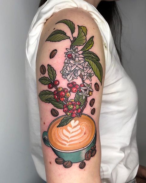Colorful Coffee Plant Tattoo With a Coffee Mug on Hands