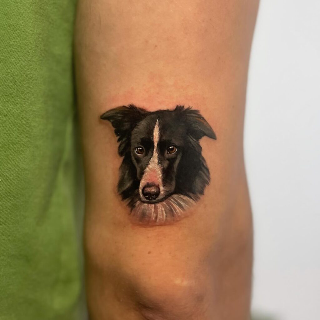 Colorful Dog Portrait on the Back of the Elbow: Vibrant Canine Vibes