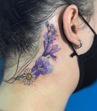 Colorful Flower Tattoo Design on the Right Side of the Neck