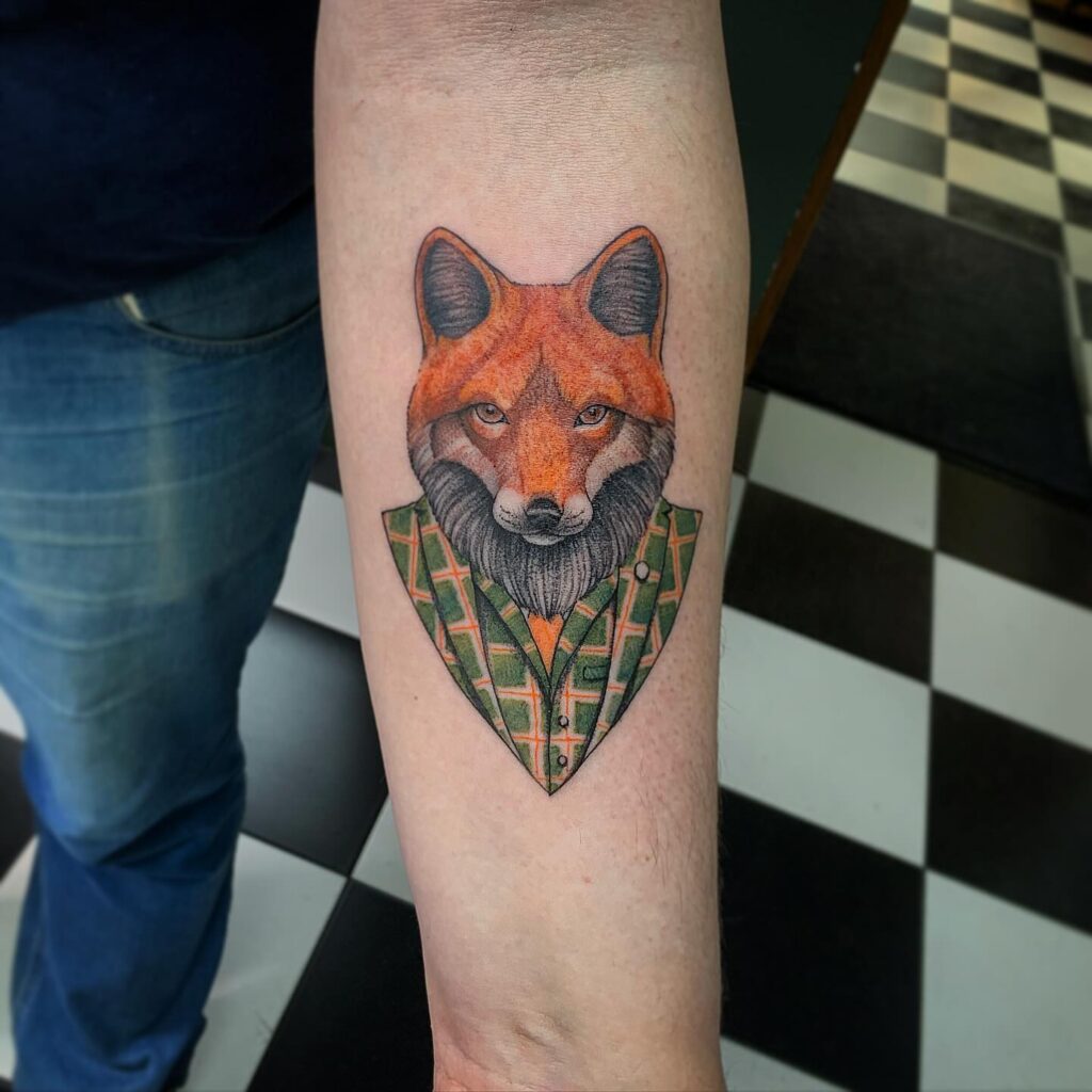Colorful Fox Tattoo on the Forearm with Classic Appeal: Gentleman's Charm