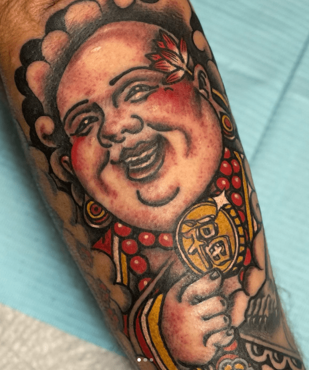 Colorful Full Arm Laughing Buddha Tattoo