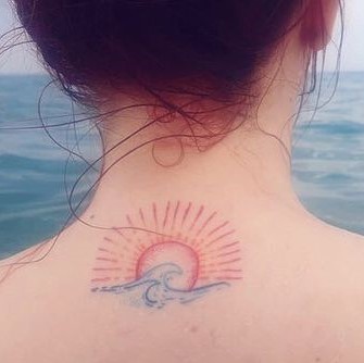 Colorful lined wave and sun tattoo design for neck image