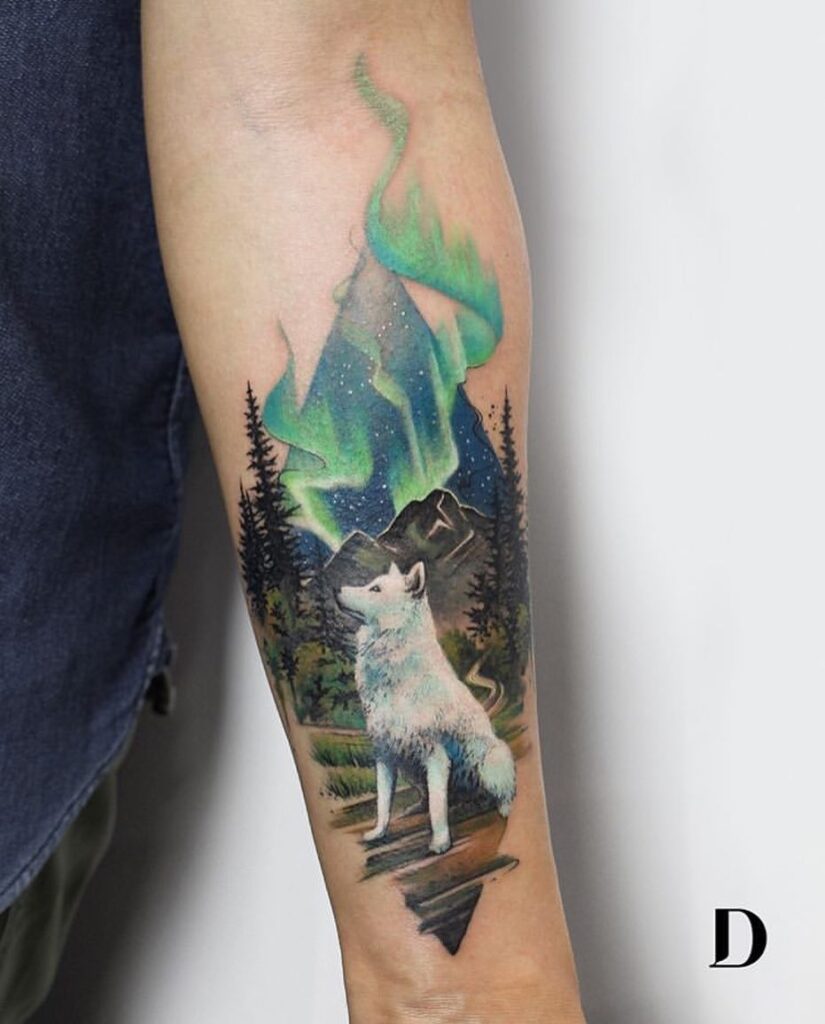 Colorful realistic white wolf tattoo with mountain landscape