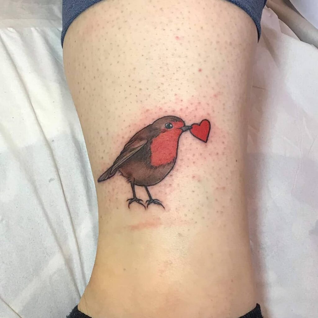Colorful teeny little robin bringing the red love heart above the ankle nature's beauty