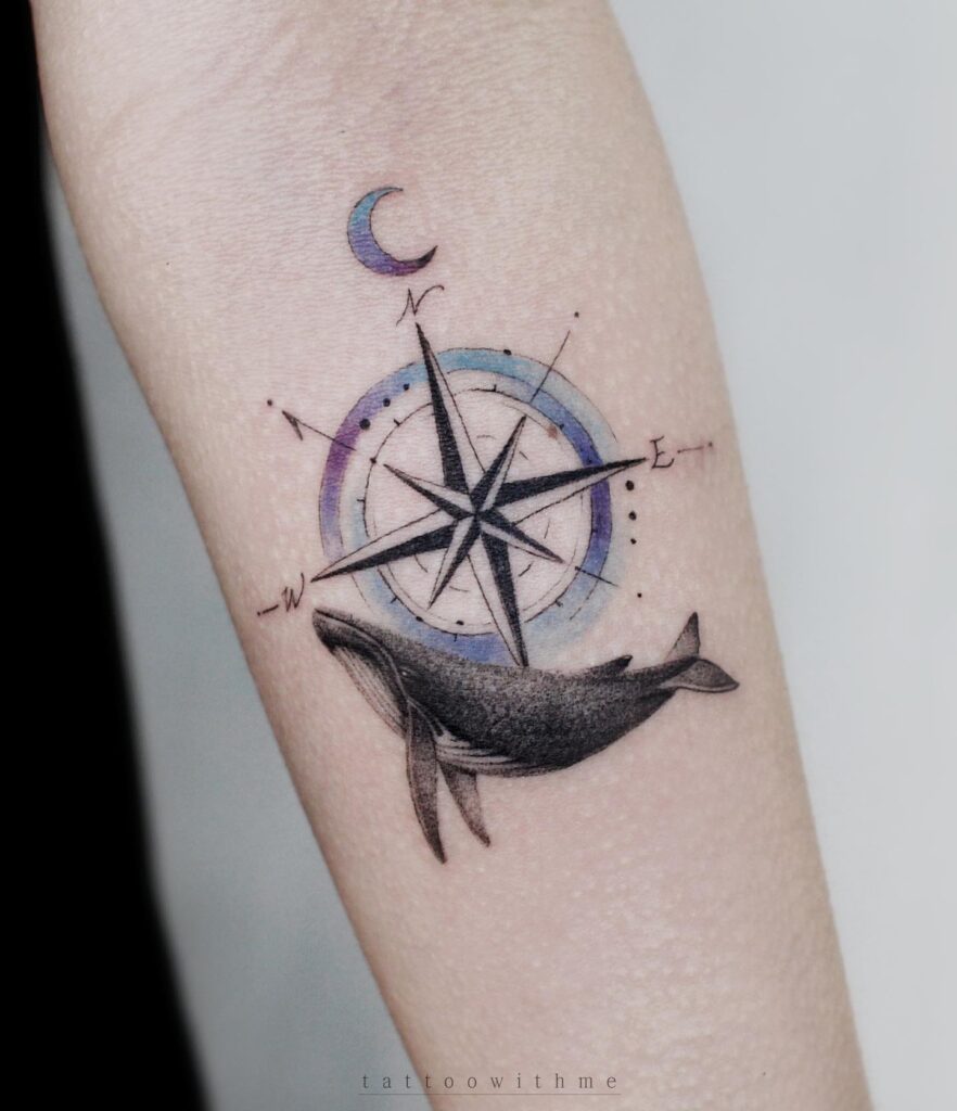 Compass and Whale Tattoo on the Forearm for a Maritime Narrative: Whale's Voyage