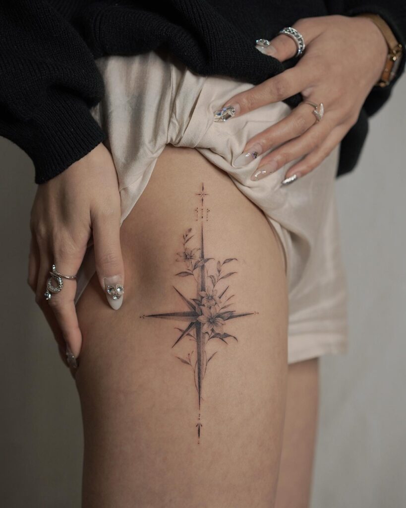 Compass Tattoo Infused with Birth Flowers, Creating a Creative Thigh Piece: Floral Bearings