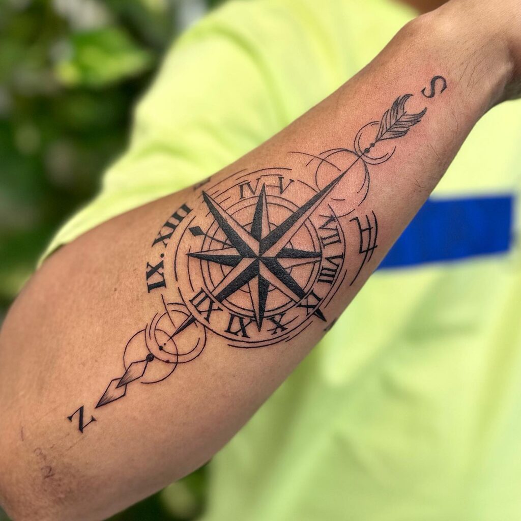 Compass with Roman Numerals Tattoo on the Outer Forearm for a Timeless Touch: Roman Quest