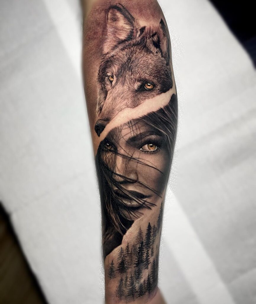 Composite forearm tattoo design girl and wolf in the forest