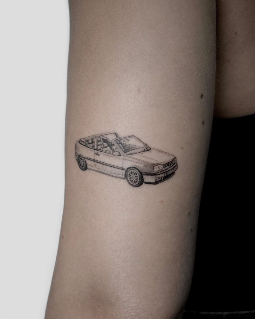 Convertible Car Tattoo with Clean Linework on Arm – Nostalgic Car Tattoo Ideas