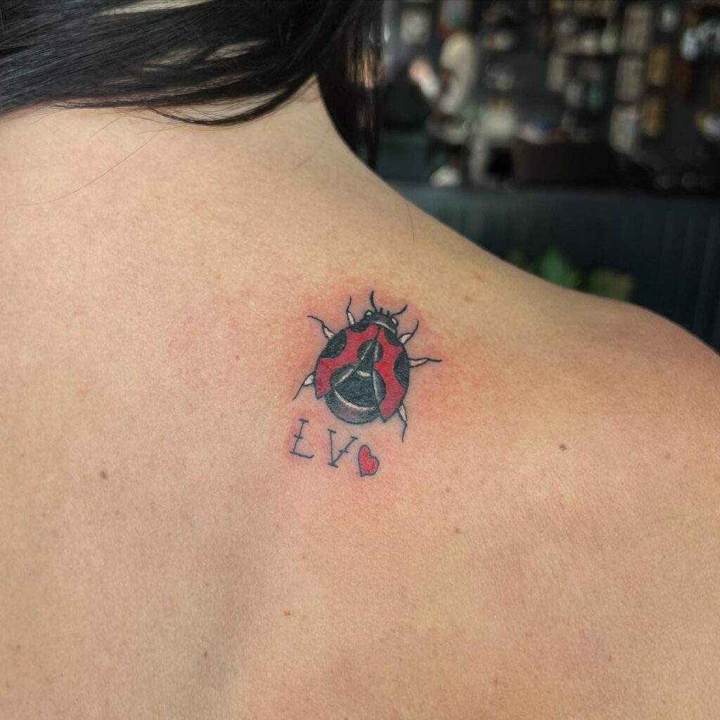 Cool Little Ladybug Tattoo Stylish Back of the Shoulder Ink