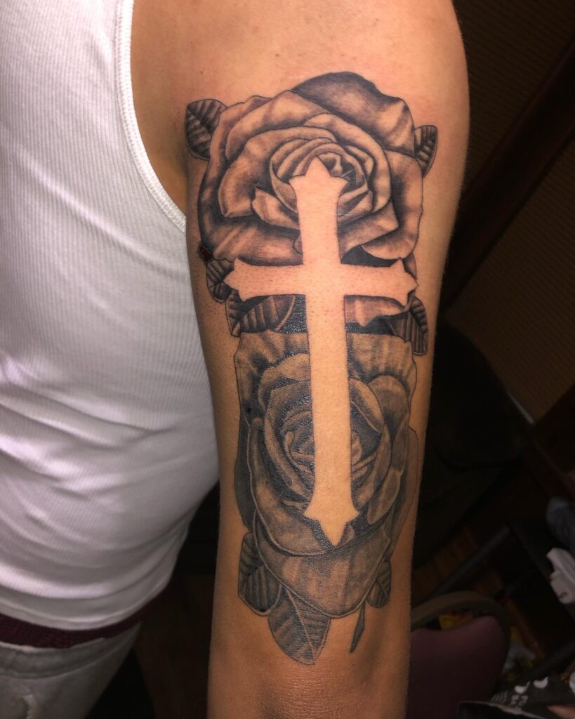 Cool Men Cross and Rose Tattoos on Arm