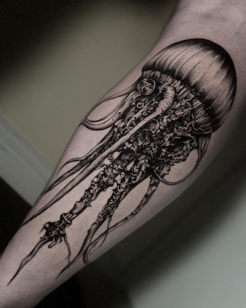 Cool and artistic jellyfish illustration calf tattoo 