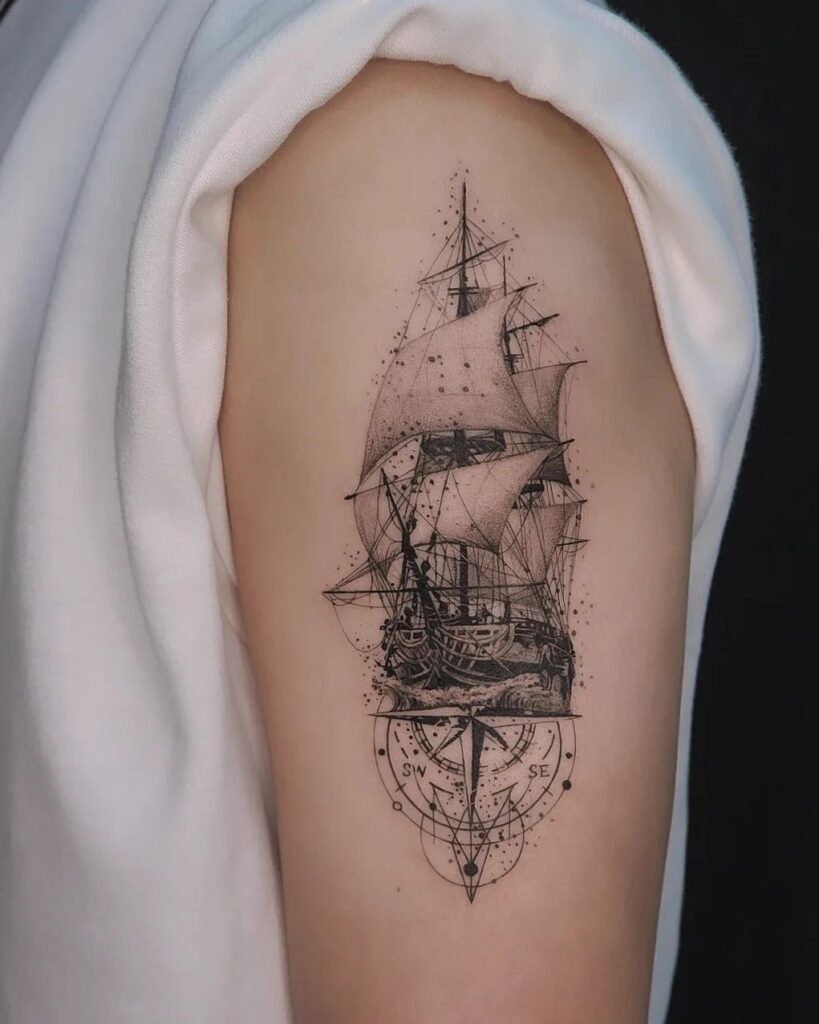 Cool Sailboat and Compass Tattoo on the Left Thigh with Geometric Elements: Geometric Maritime