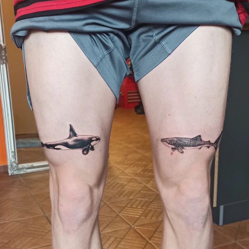Dive into Creativity with Unique Above the Knee Shark Tattoo Idea