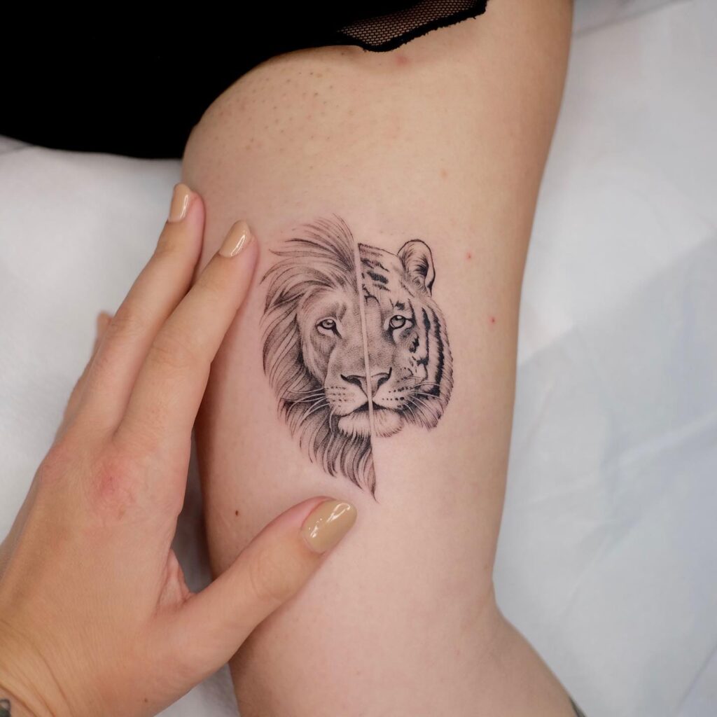 Creative micro realism of half lion half tiger face tattoo on the biceps: feline fusion