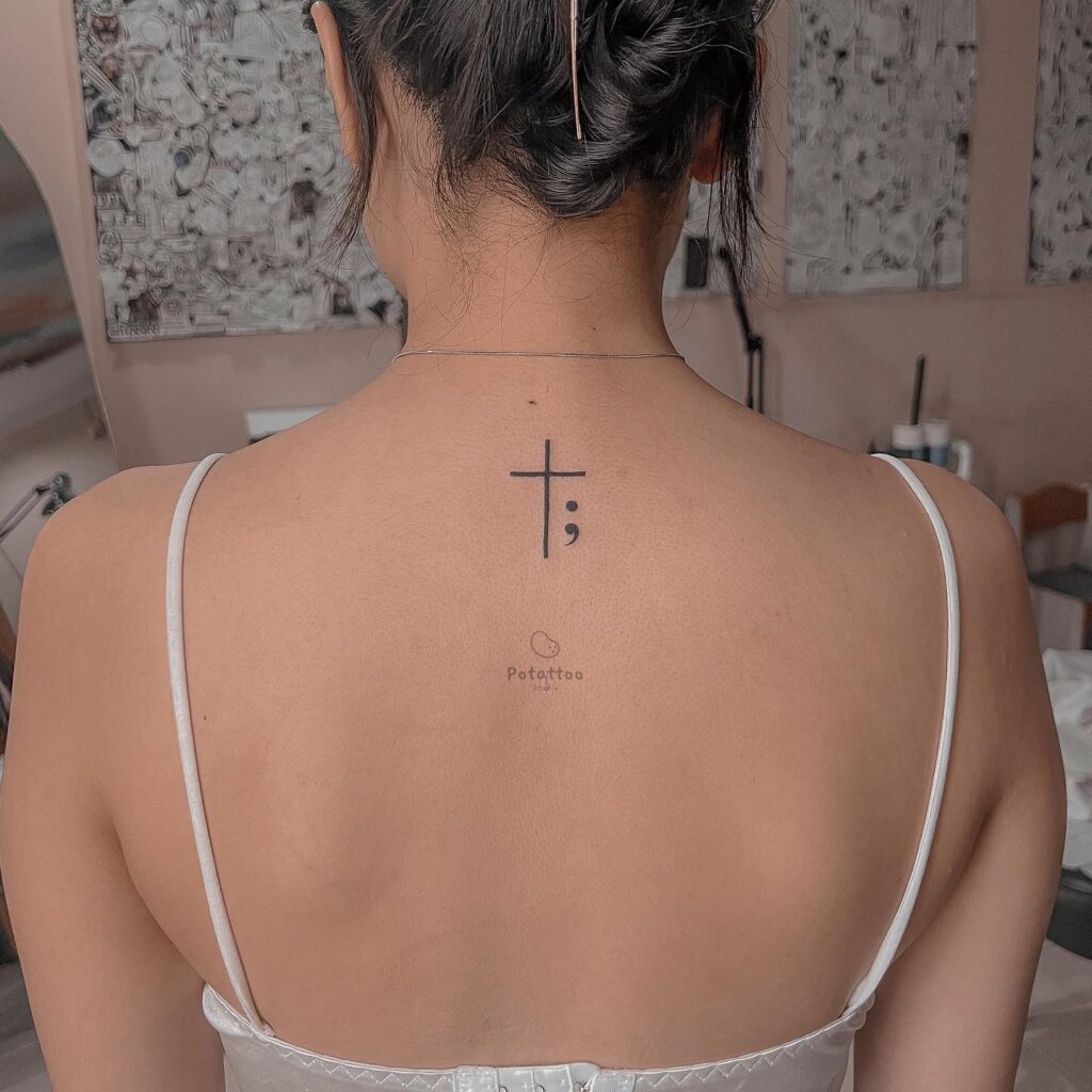 Cross and Semicolon Tattoo on the Back of the Neck: Nape Narrative