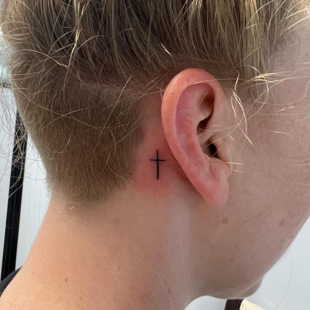 Cross Behind the Ear Tattoo for Female Subtle and Stylish