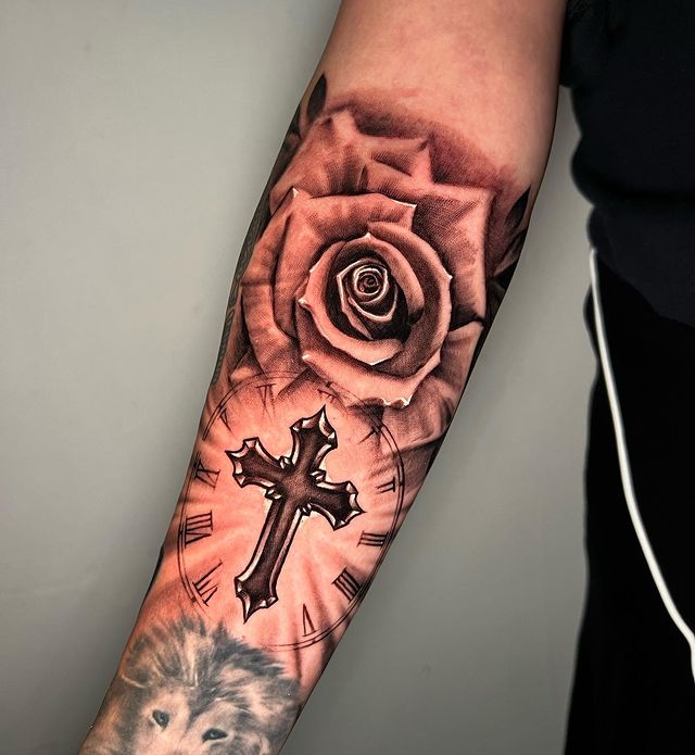Cross Roses Tattoo With Jesus Clock