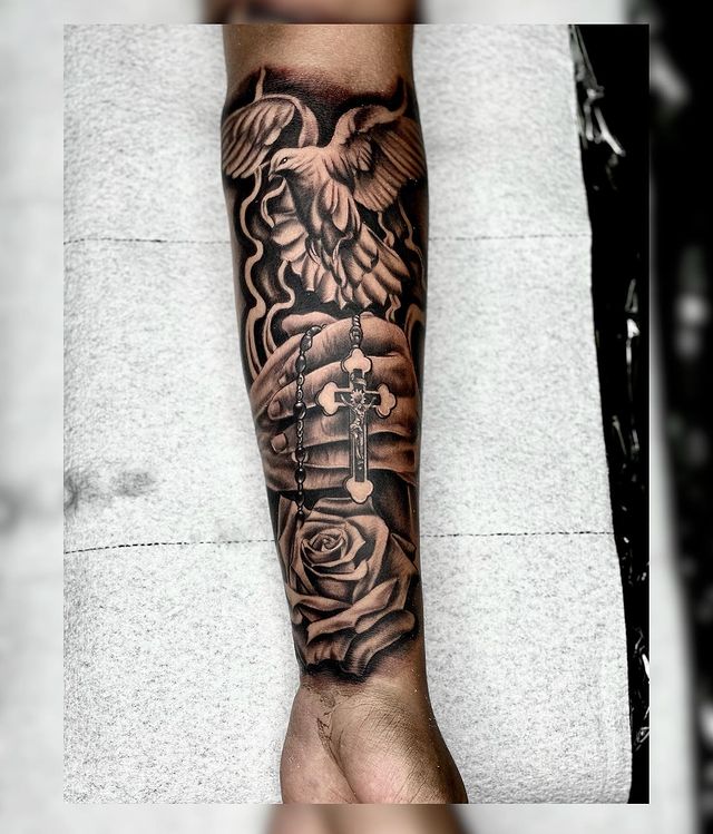 Cross Roses Tattoos With Pigeon Forearm Tattoos