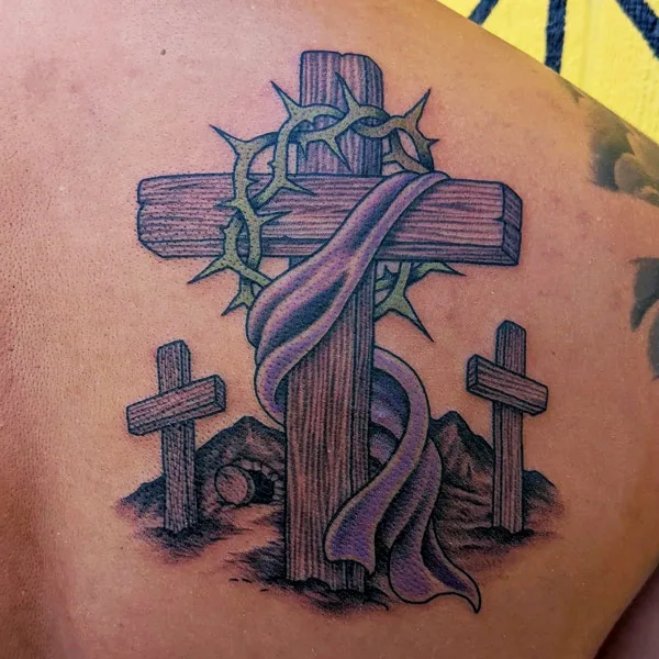 Cross with Crown of Thorns Tattoo 1