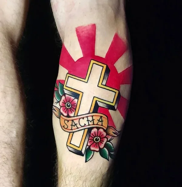 Cross with sun rays tattoo