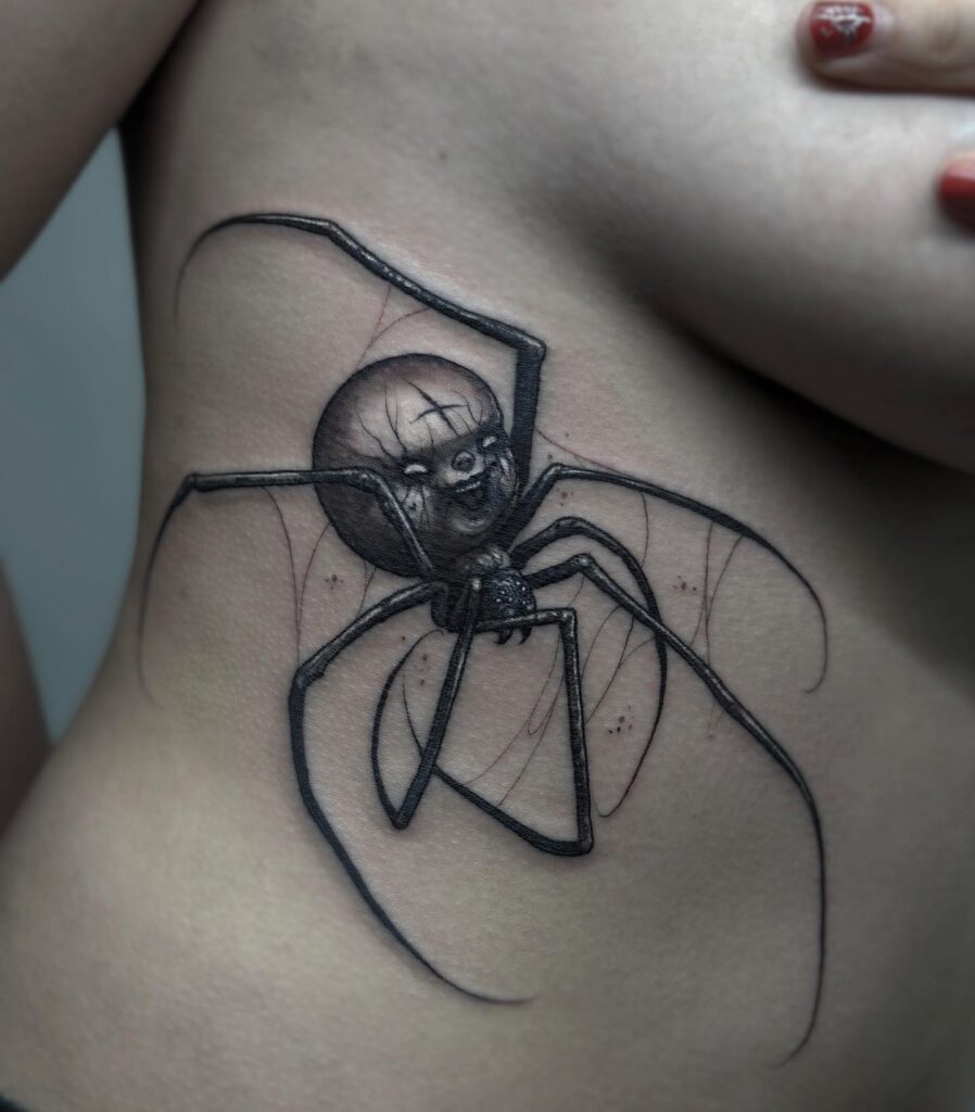 Custom Angry Spider Tattoo for Females, Blackwork Submission on the Rib: Arachnid Anger