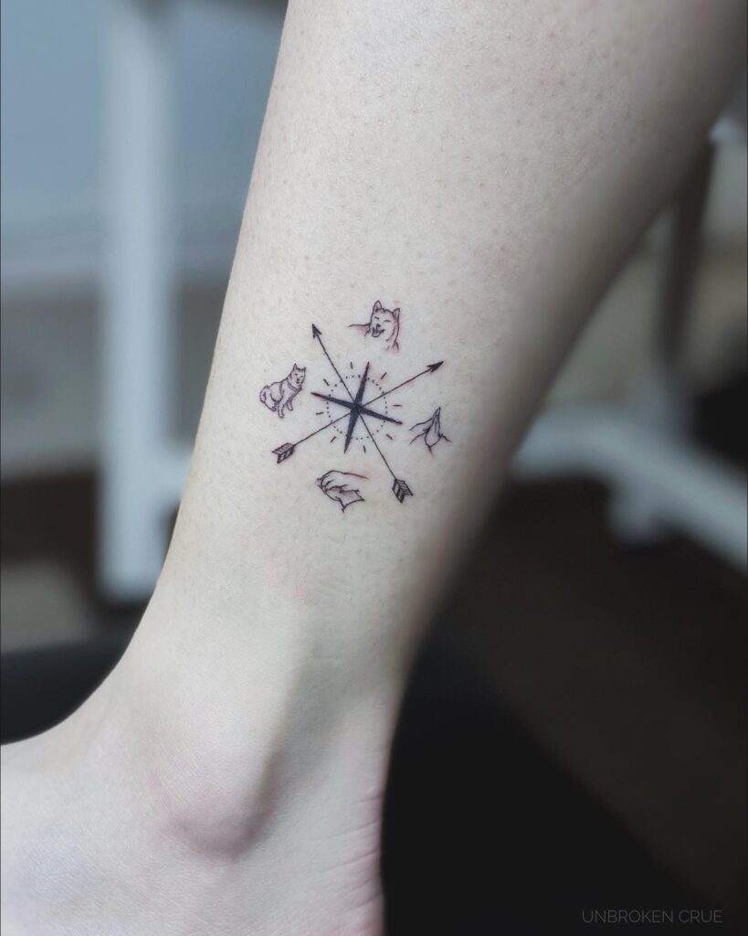Custom Compass Tattoo Above the Ankle with Poses of the Dog for a Pet Lover: Pawfect Direction