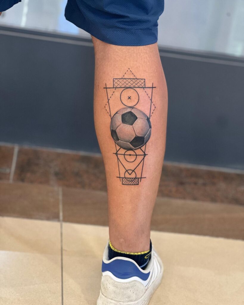 Custom Tattoo with Football Ground Outline on the Calf - Sporting Spirit: Football Frenzy 
