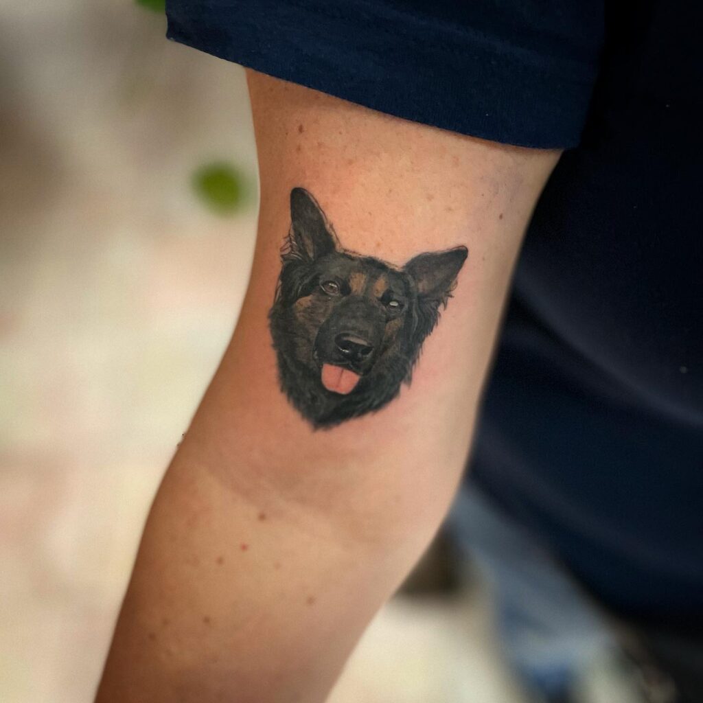 Cute German Shepherd Face Tattoo Above Elbow Unique Canine Ink for Women