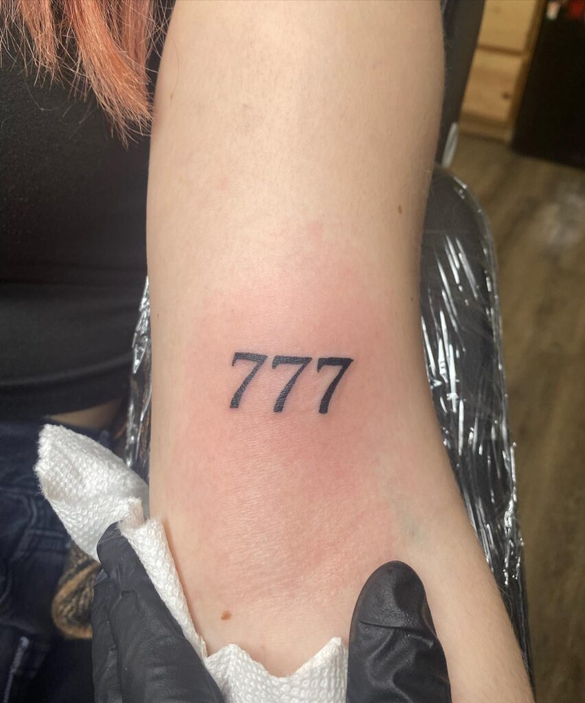 Cute and Tiny 777 Number Tattoo Above the Elbow: Elbow Luck 
