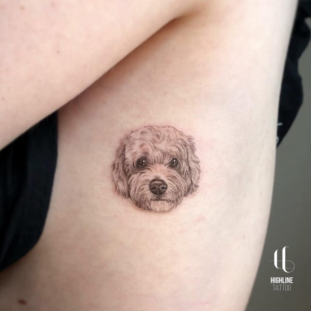 Cute Dog Face Portrait Tattoo on the Rib in Black and Grey: Puppy Love