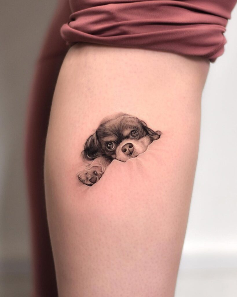 Cute Pet Portrait Tattoo on the Calf - Realistic and Heartfelt: Canine Companion 