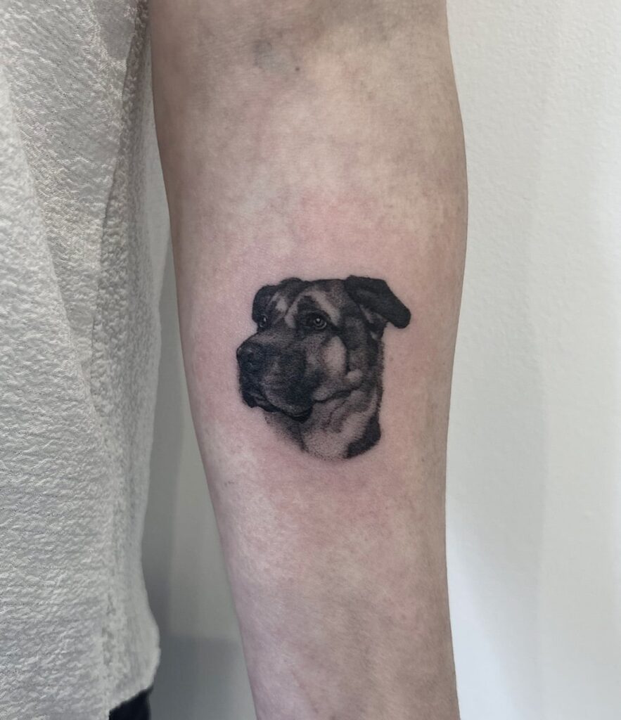 Cute Side-Looking Dog Face Tattoo Below the Elbow in Black and Grey: Adorable Glance