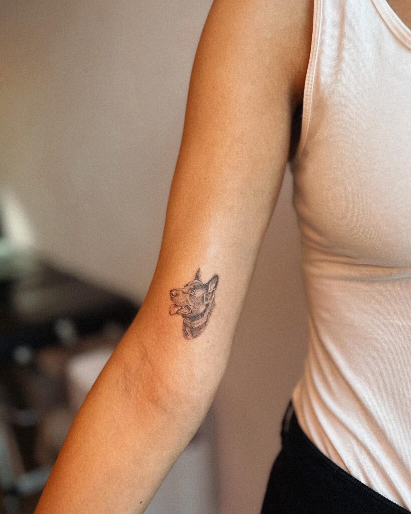 Cute Side-Looking German Shepherd Portrait Tattoo on the Elbow: Elbow Watch