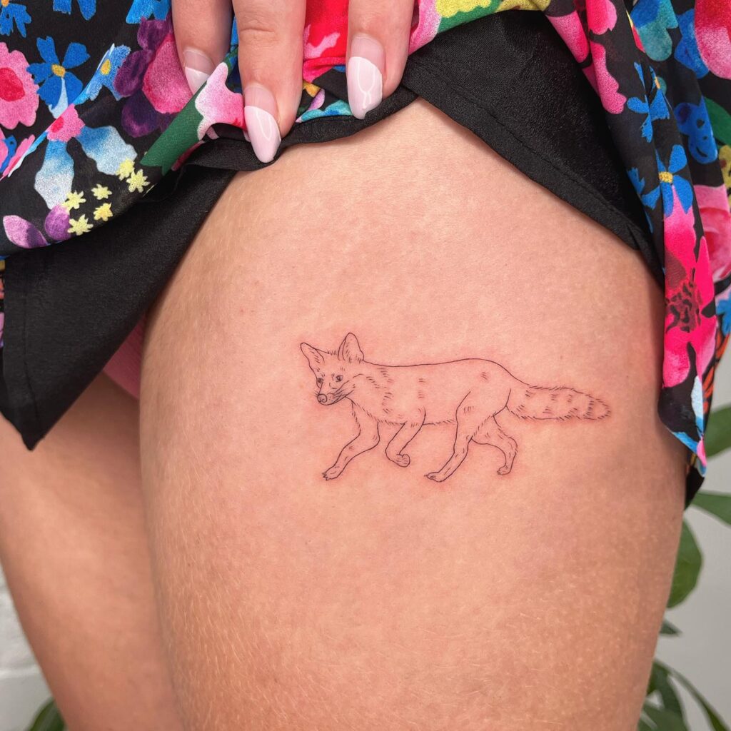 Cutest Side View Fox Fineline Tattoo on the Side Thigh: Lil' Charmer