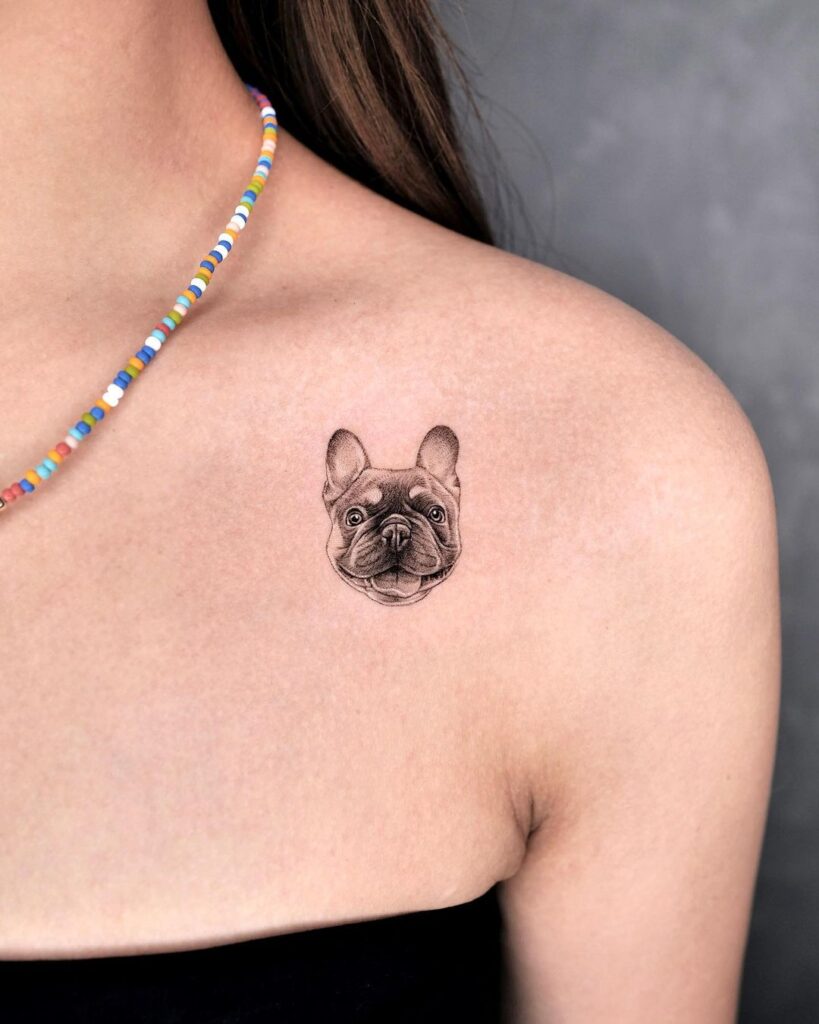 Dark and grey realistic french bulldog portrait on the collarbone frenchie finesse