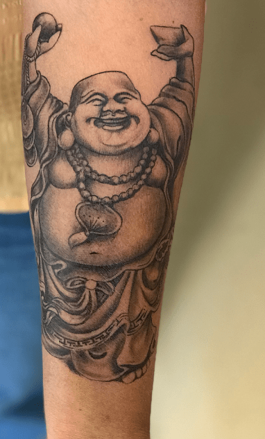 Dark Shaded Hand Raised Laughing Buddha Tattoo