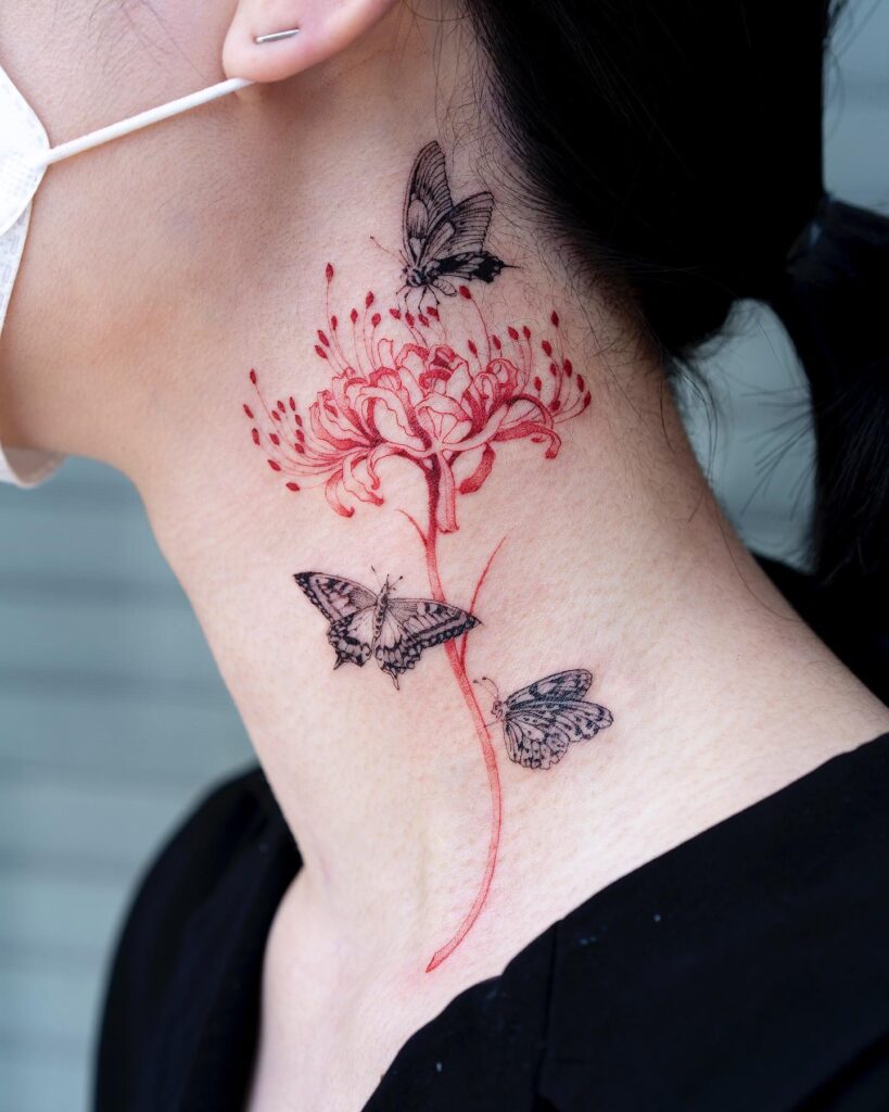 Delicate Behind the Ear Butterfly and Chrysanthemum Tattoo