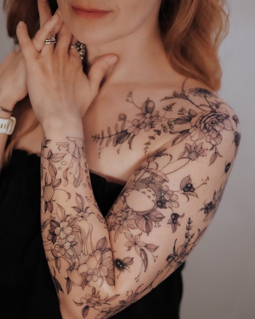Delicate Botanical Tattoo Sleeve with Butterflies and Celestial Elements