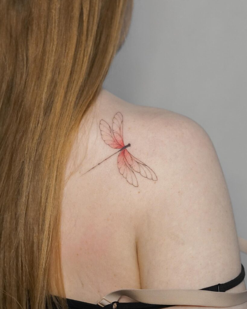 Delicate Dragonfly Shoulder Tattoo with Soft Red Gradient Wings