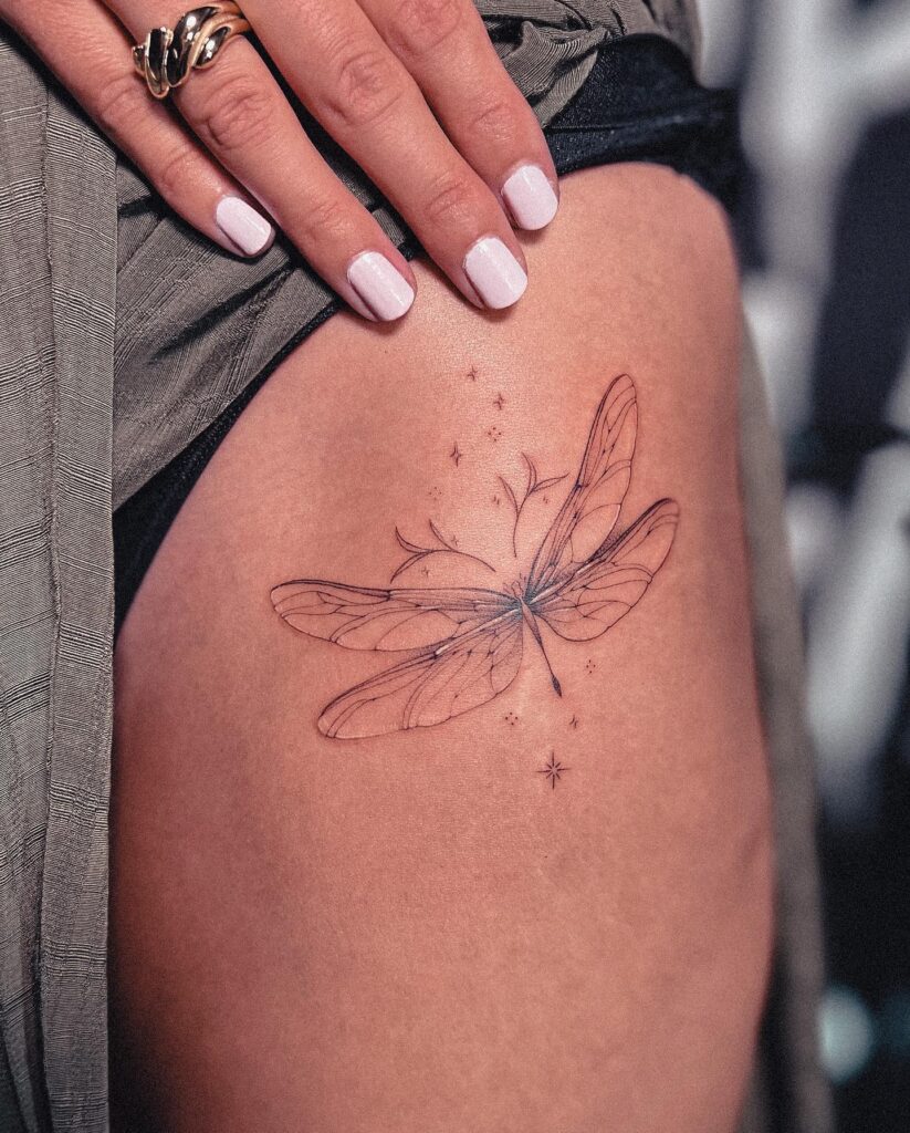 Delicate Dragonfly with Sparkles Side Hip Tattoo for Female, a Ballet of Nature: Gossamer Grace
