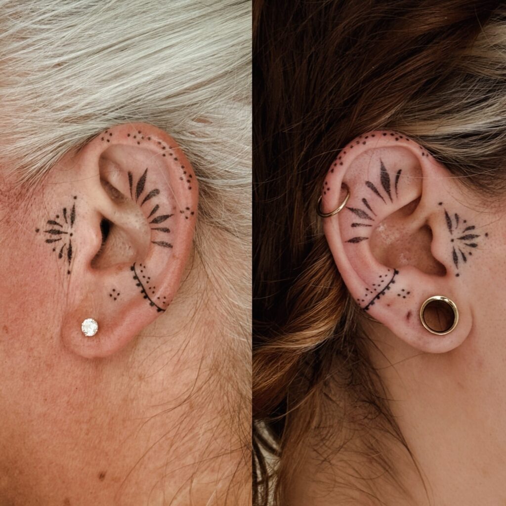 Delicate ear tattoos with botanical dotwork for a unique bond