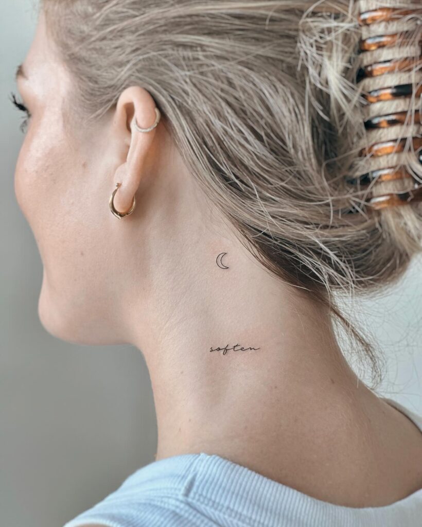 Delicate 'soften' Fineline Text on the Side of the Neck: Soft Elegance