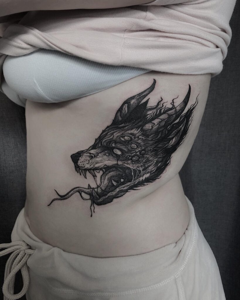 Demon Fox Tattoo on the Rib in Black and Grey, Blackwork Submission: Anime Enchantment