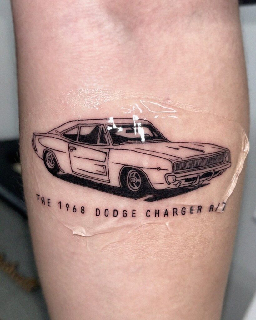 Detailed 1968 Dodge Charger R/T Tattoo with Text on Inner Forearm or Below the Elbow – Car Tattoo Ideas