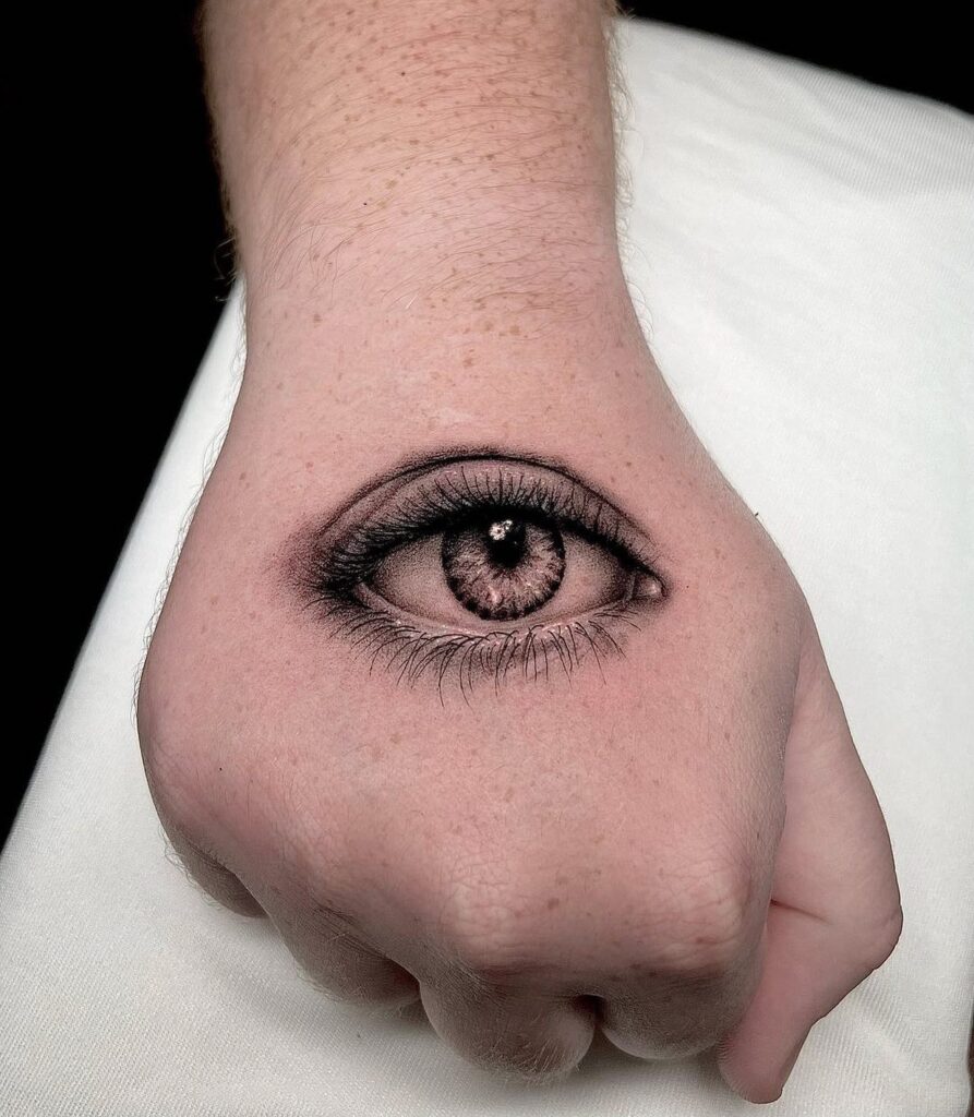 Detailed Black and Grey Eye Tattoo on Outer Hand: Micro Realism Marvel