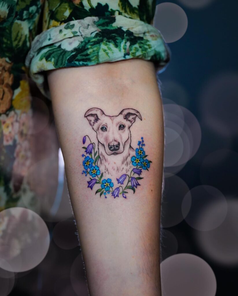 Dog Portrait Face Below Bluebell in a Colorful Tattoo: Bluebell Memories