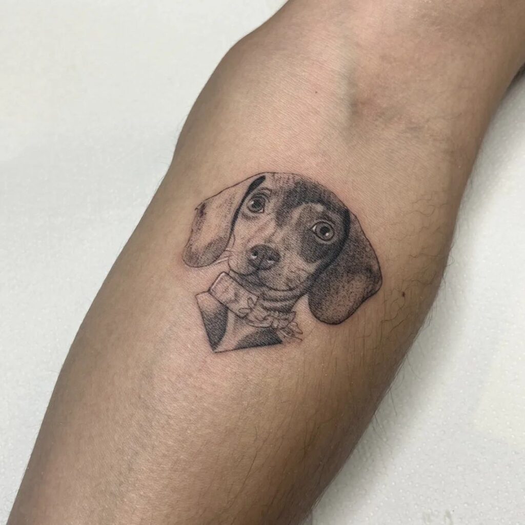 Dog Portrait Tattoo Below the Elbow for Dog Lovers: Dachshund Delight