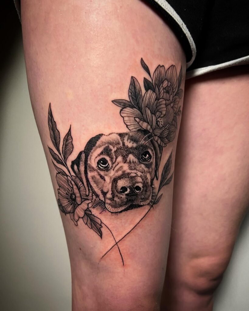 Dog Portrait with Flowers Tattooed on the Thigh: Floral Fur